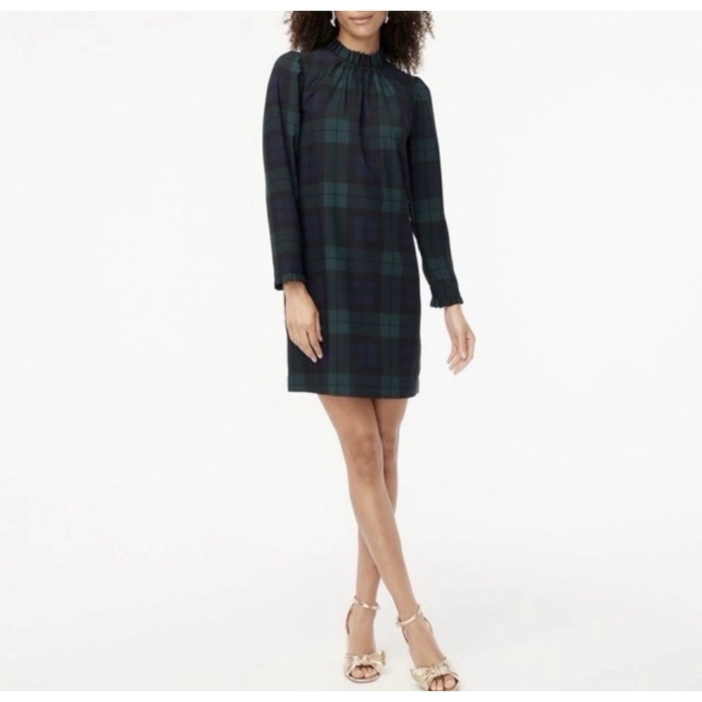 JCrew Blackwatch Plaid Ruffle-neck And Sleeve Shift Dress Size 8p